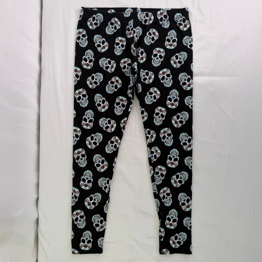 No Boundaries Sugar Skull Print Leggings Black Cotton Blend Large 11-13